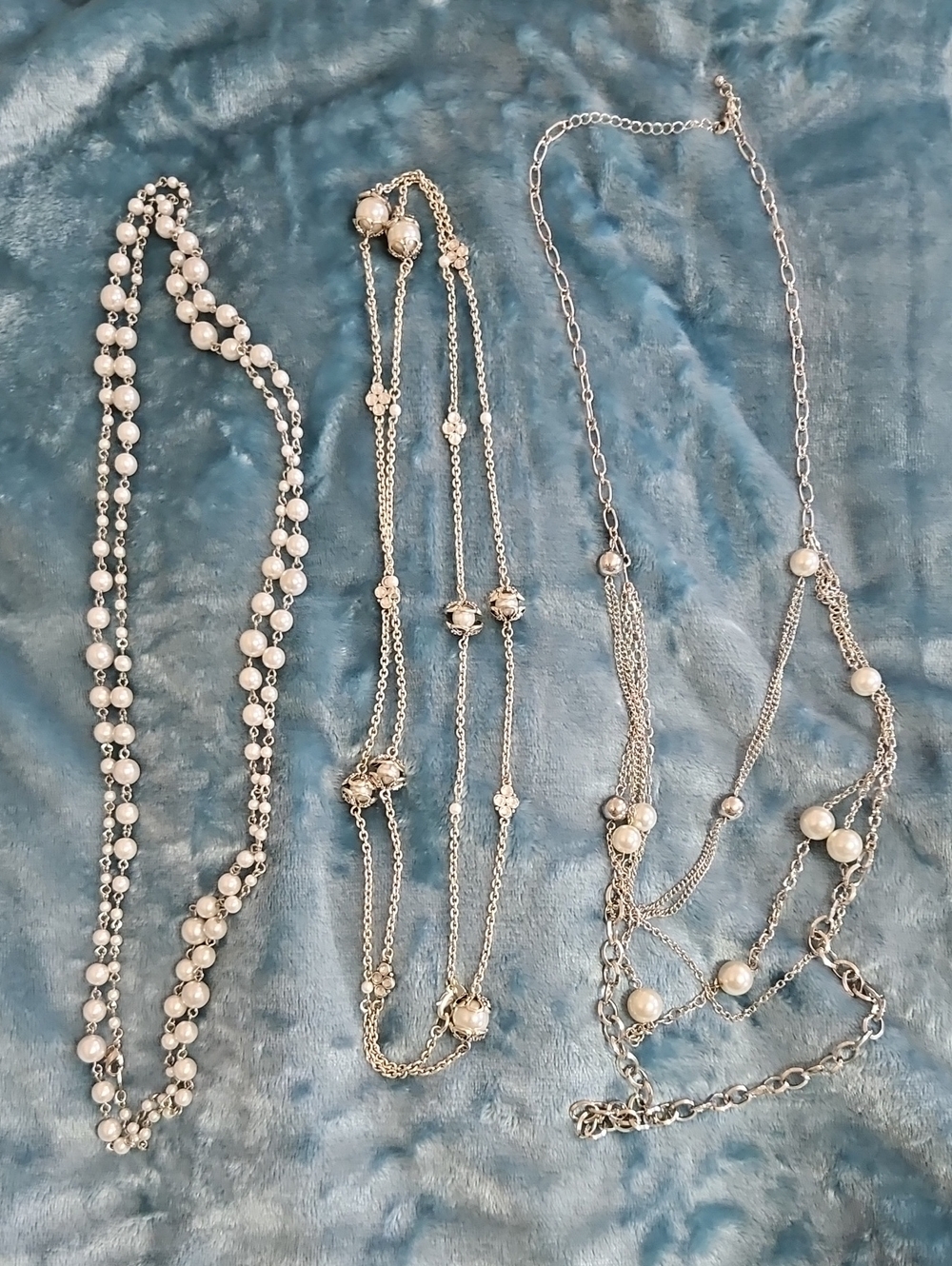 Multi-Strand Silver Pearl Necklace - White Pearls